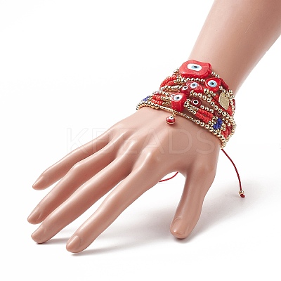 7Pcs 7 Style Evil Eye Lampwork & Glass Seed & Brass Beaded Stretch Bracelets Set for Women BJEW-JB09249-01-1