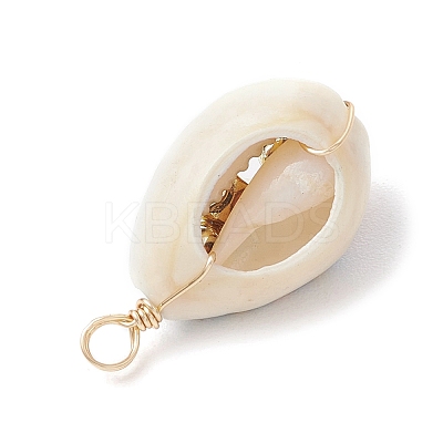 Printed Natural Cowrie Shell Copper Wire Wrapped Pendants PALLOY-JF03954-01-1