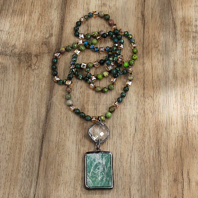 Rectangle & Flat Round Bohemian Style Natural Tree Agate with Glass Pendant Necklaces FS-WGEA5B3-04-1