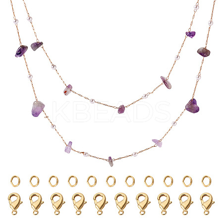 3m Natural Amethyst Chips & ABS Plastic Imitation Pearl Beaded Chains Necklace Making Kits CHC-TA0001-30D-1