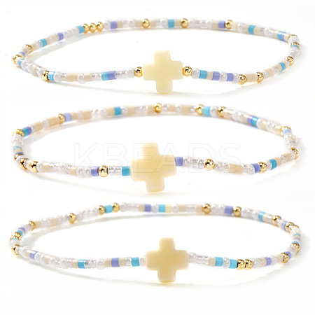 3Pcs Bohemian Cross Charm Glass Seed Bead & Brass Beads Stretch Bracelet for Women SA4132-6-1