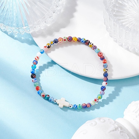 Handmade Millefiori Glass Round Beads & Spray Painted Synthetic Turquoise Beads Stretch Bracelets BJEW-JB12223-1