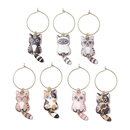 7pcs Cat Alloy Pendants Wine Glass Charms Sets AJEW-JO00252-1