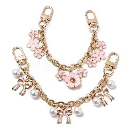 2Pcs 2 Styles Alloy Pink Enamel Flower Bowknot Pendant Cable Chain Purse Decorative Chains AJEW-SC0031-22-1