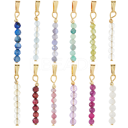 12Pcs 12 Styles Natural Mixed Stone Faceted Round Beaded Pendants PALLOY-FH00149-1