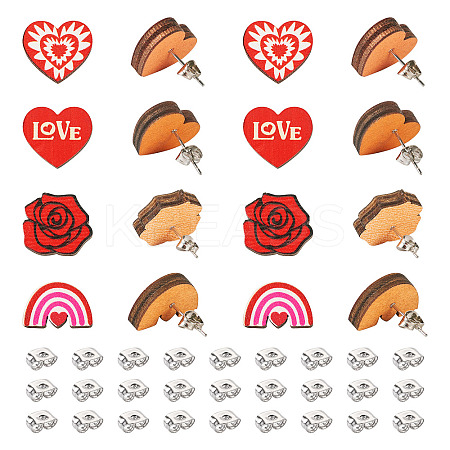 40Pcs 4 Style Valentine's Day Theme Natural Wood Stud Earrings EJEW-TA0001-27-1