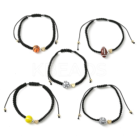 Sport Theme Acylic & Brass Heart Braided Bead Bracelet BJEW-JB09713-1