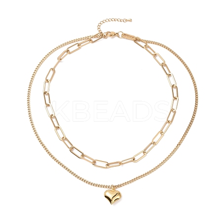 PVD Vacuum Plating 304 Stainless Steel Double Chains Multi Layered Necklace with Heart Charm for Women STAS-E155-24G-1
