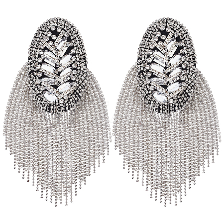 2Pcs Punk Style Oval Iron & Crystal Rhinestone & Felt Tassel Epaulettes AJEW-ME0001-51-1