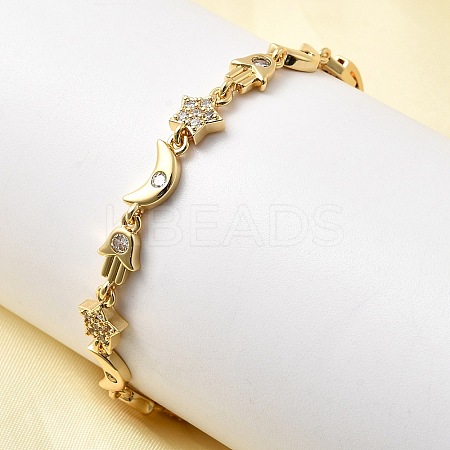 Moon & Star & Hamsa Hand Brass Micro Pave Clear Cubic Zirconia Link Chain Bracelets BJEW-C130-03G-1