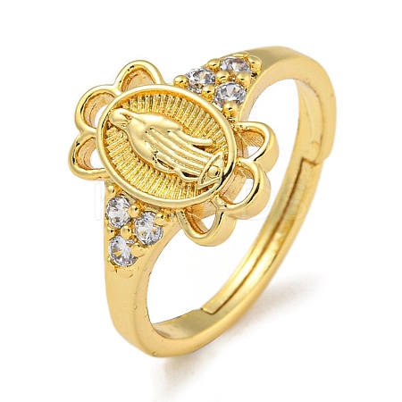 Oval with Saint Rack Plating Brass Micro Pave Cubic Zirconia Adjustable Rings RJEW-I105-04G-05-1