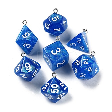 7 Styles Opaque Resin Polyhedral Dice Pendants Set RESI-A029-01J-1