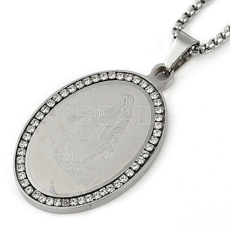 201 Stainless Steel Crystal Rhinestone Religion Virgin Mary Oval Pendant Box Chain Necklaces NJEW-D089-04P-1