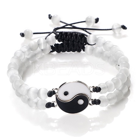 Adjustable Round White Cat Eye Beaded Stretch Bracelet Sets GW3439-7-1