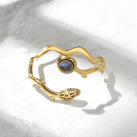 Leaf & Flat Round 304 Stainless Steel Paua Shell Cuff Rings for Women RJEW-G346-01G-01-1