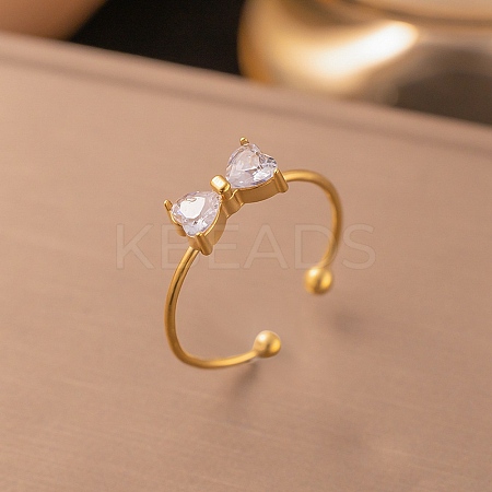 Bowknot 304 Stainless Steel with Clear Cubic Zirconia Cuff Rings for Women RJEW-G362-01G-1