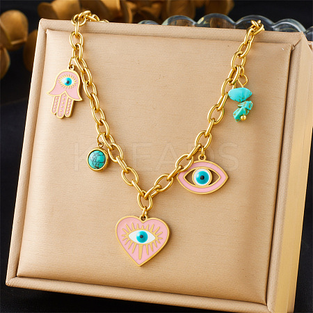 304 Stainless Steel Enamel with Synthetic Turquoise Pink Evil Eye Heart Hamsa Hand Pendant Bib Necklaces for Women FS-WGFA37A-02-1