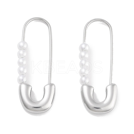 304 Stainless Steel & Plastic Imitation Pearl Safety Pin Hoop Earrings for Women EJEW-C096-05P-1