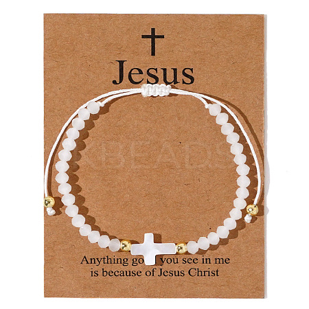 Adjustable Sea Shell Cross & Faceted Rondelle Glass Braided Bead Bracelets for Women AZ6679-5-1