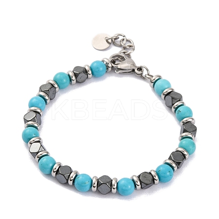Synthetic Turquoise & Magnetic Synthetic Hematite Round Beaded Bracelet X-BJEW-P339-02P-10-1