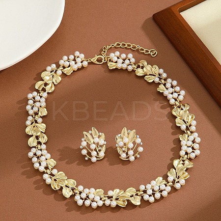 Ginkgo Leaf Zinc Alloy & Plastic Imitation Pearl Link Chain Necklace & Stud Earring Sets FS-WG12076-01-1