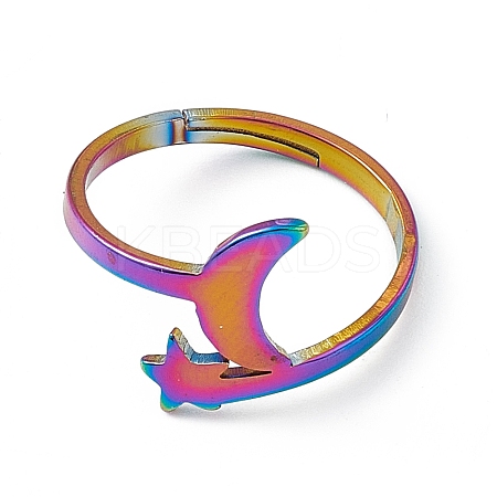 Ion Plating(IP) 201 Stainless Steel Moon & Star Adjustable Ring for Women RJEW-K238-08M-1