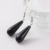 Teardrop Platinum Tone Brass Natural Dyed & Heated Black Agate Dangle Earrings EJEW-M058-03-1