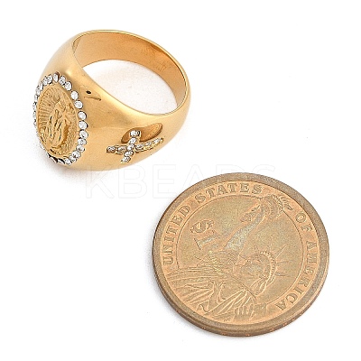 Oval with Saint 304 Stainless Steel Rhinestone Finger Ring for Unisex RJEW-Z076-05G-02-1