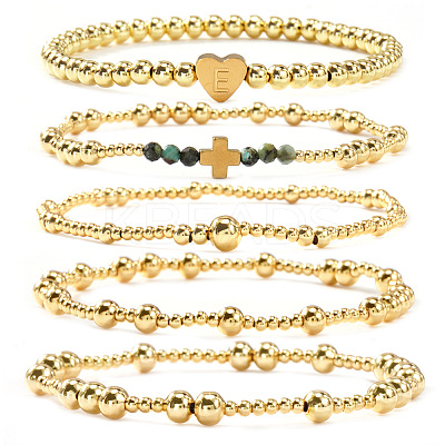 5Pcs Brass & Natural African Turquoise(Jasper) Beads Stretch Bracelets for Women BK1359-4-1