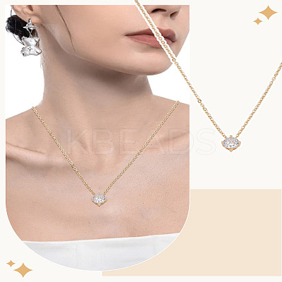 1Pc Brass Flat Round Clear Cubic Zirconia Pendant Cable Chain Necklaces for Women NJEW-LP0002-81-1