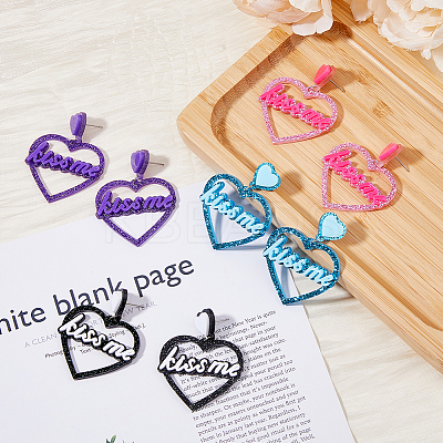 4 Pairs 4 Colors Heart with Word Kiss Me Acrylic Dangle Stud Earrings EJEW-FI0002-34-1