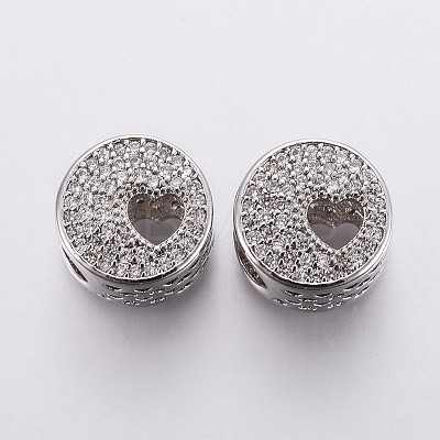 Brass Micro Pave Clear Cubic Zirconia Flat Round European Beads OPDL-P001-42-1