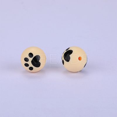 Printed Round with Paw Print Pattern Silicone Focal Beads SI-JX0056A-132-1