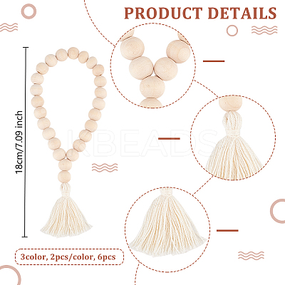 6Pcs 3 Colors Wood Tassels Pendant Decorations HJEW-OC00016-1