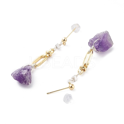 Nuggets Natural Amethyst Dangle Earrings with Brass and 925 Sterling Silver Pins EJEW-P256-49G-1