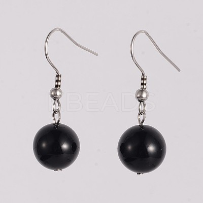 Round 304 Stainless Steel Natural Dyed & Heated Black Agate Dangle Earrings EJEW-JE01973-03-1