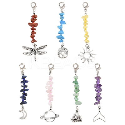 7Pcs Natural Gemstone & Glass & Alloy Pendant Decorations HJEW-YW00105-1