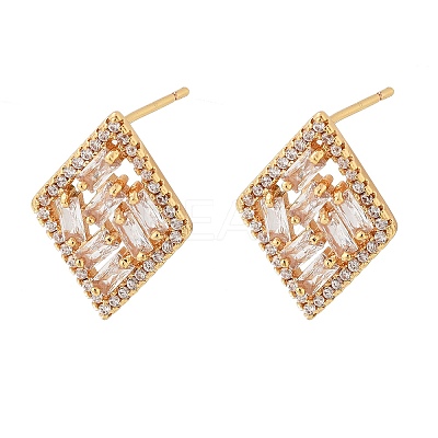 Rhombus Brass Micro Pave Clear Cubic Zirconia Stud Earrings for Women EJEW-G428-05G-1