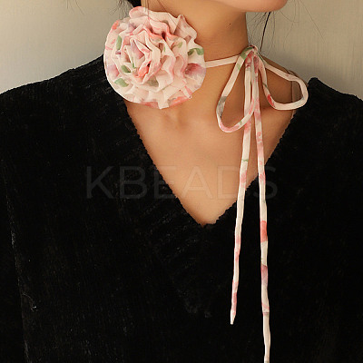 Flower Pattern Fabric Rose Tie Choker Necklaces for Women NJEW-Z022-01F-1