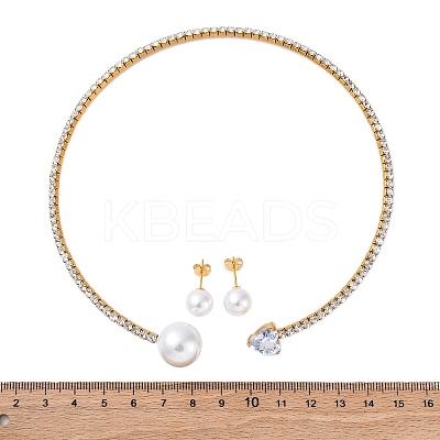 Round Plastic Imitation Pearl Stud Earrings & Heart Cubic Zirconia Rhinestone Cuff Choker Necklaces Sets SJEW-U003-10G-1