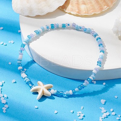 Glass Seed & Synthetic Turquoise Starfish Beaded Stretch Bracelet for Women BJEW-JB09709-02-1