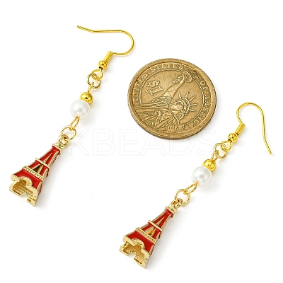 Alloy Enamel Eiffel Tower Dangle Earrings with Imitation Pearl Beaded EJEW-JE05422-05-1