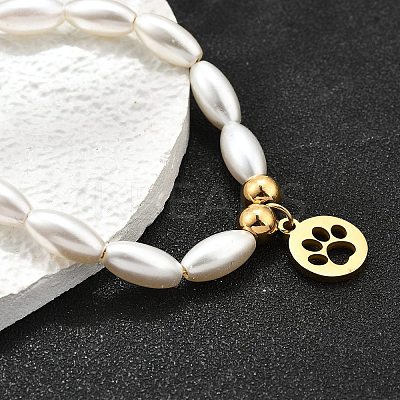 304 Stainless Steel Flat Round with Paw Print Charm Bracelets for Women BJEW-C098-11G-1