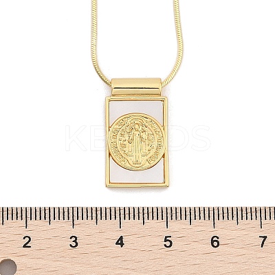 Brass Pave Shell Rectangle Saint Benedict Medal Pendants Necklaces for Women LS-NJEW-Z053-01G-01-1