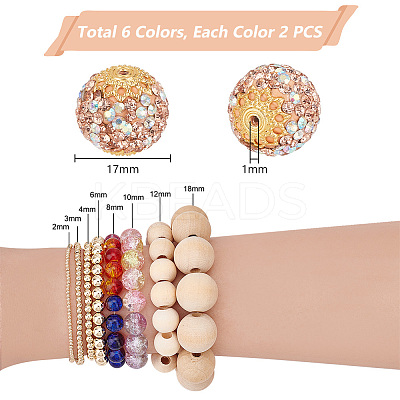 12Pcs 6 Colors Glass Rhinestone Clay Pave Beads FIND-PH0018-36-1