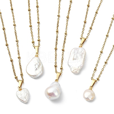 Natural Baroque Pearl Keshi Pendant 304 Stainless Steel Satellite Chain Necklaces NJEW-JN06161-1