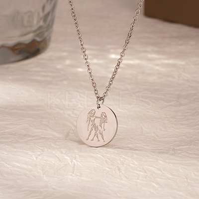 Stylish 304 Stainless Steel Flat Round Gemini Zodiac Pendant Necklaces for Women's Daily Wear UA3158-2-1