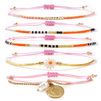 5Pcs 5 Styles Bohemian Glass Seed Bead Braided Beads Bracelets & 304 Stainless Steel Charm Double Layers Bracelets for Women WO6368-3-1