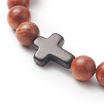 Natural Wood & Synthetic Turquoise Beaded Stretch Bracelet for Men Women BJEW-JB09291-1