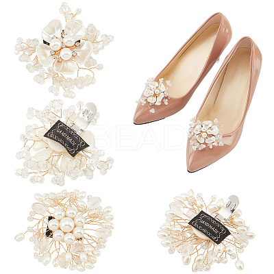 4Pcs 2 Styles Flower Alloy with Plastic Imitation Pearl Shoe Decorations FIND-CP0001-64-1